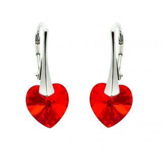 Piros Swarovski kristály szív lógós ezüst fülbevaló